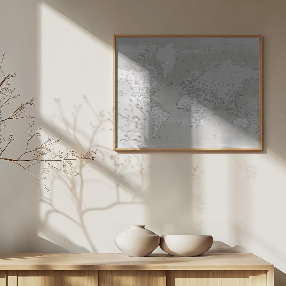 Fine Art Print, Detailed world map with cities, Maeli neutral