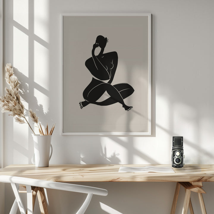 Fine Art Print, Nude Sitting Pose In Black