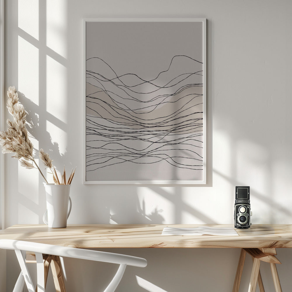 Fine Art Print, Calm serene line art nordic mountain decor