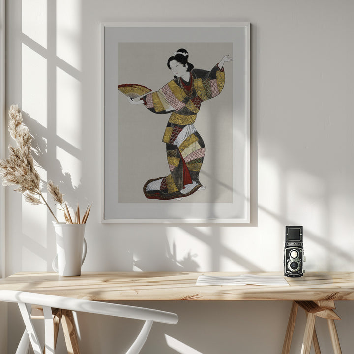 Fine Art Print, Japanese Female Dancer (17th Century) Vintage Painting Boarder