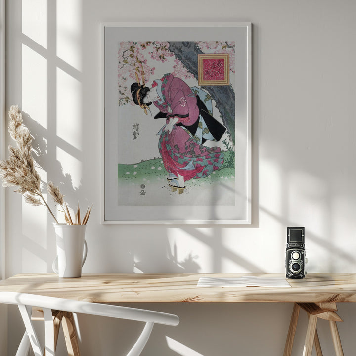 Fine Art Print, Japanese Woman and Cherry Blossom (1828) Vintage Woodblock Prints With Boarder