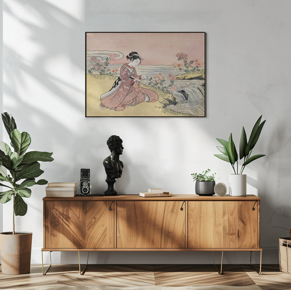 Fine Art Print, Japanese Woman Picking Chrysanthemum (1725 1770) Vintage Woodblock Print