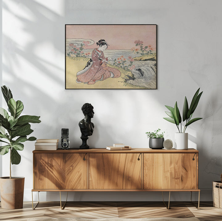 Fine Art Print, Japanese Woman Picking Chrysanthemum (1725 1770) Vintage Woodblock Print