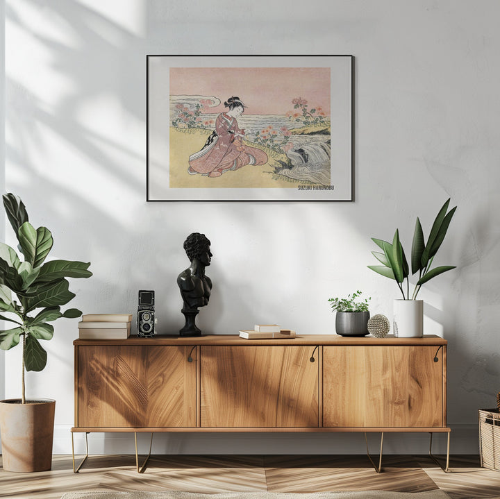 Fine Art Print, Japanese Woman Picking Chrysanthemum (1725 1770) Vintage Woodblock Print