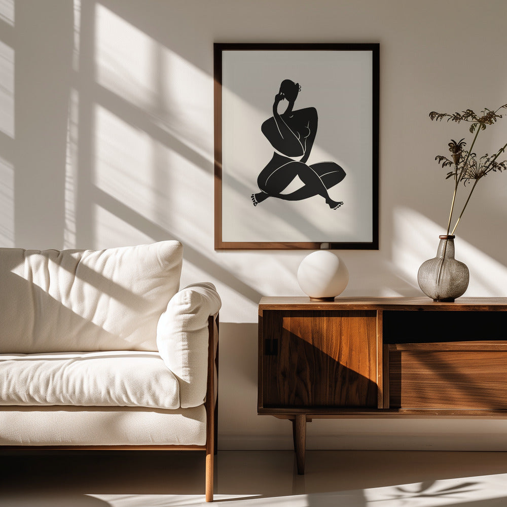 Fine Art Print, Nude Sitting Pose In Black