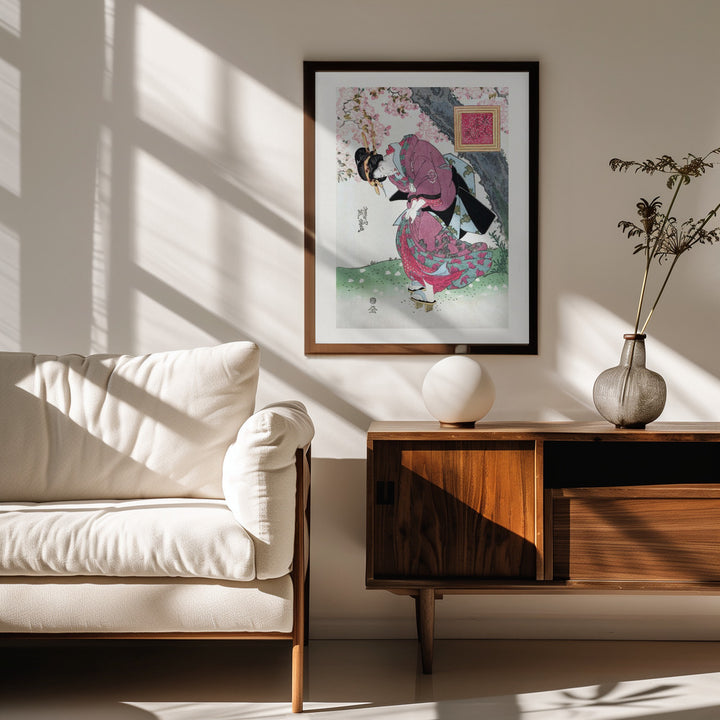 Fine Art Print, Japanese Woman and Cherry Blossom (1828) Vintage Woodblock Prints With Boarder