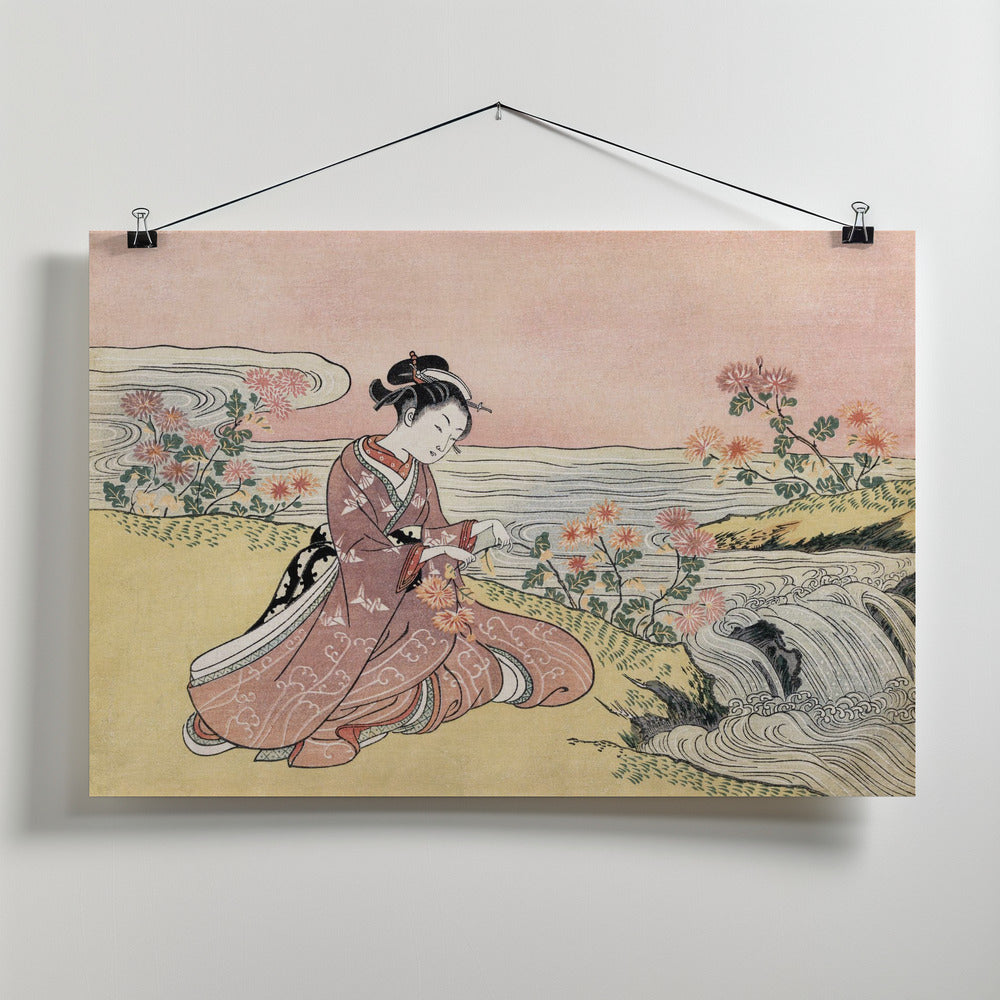 Fine Art Print, Japanese Woman Picking Chrysanthemum (1725 1770) Vintage Woodblock Print