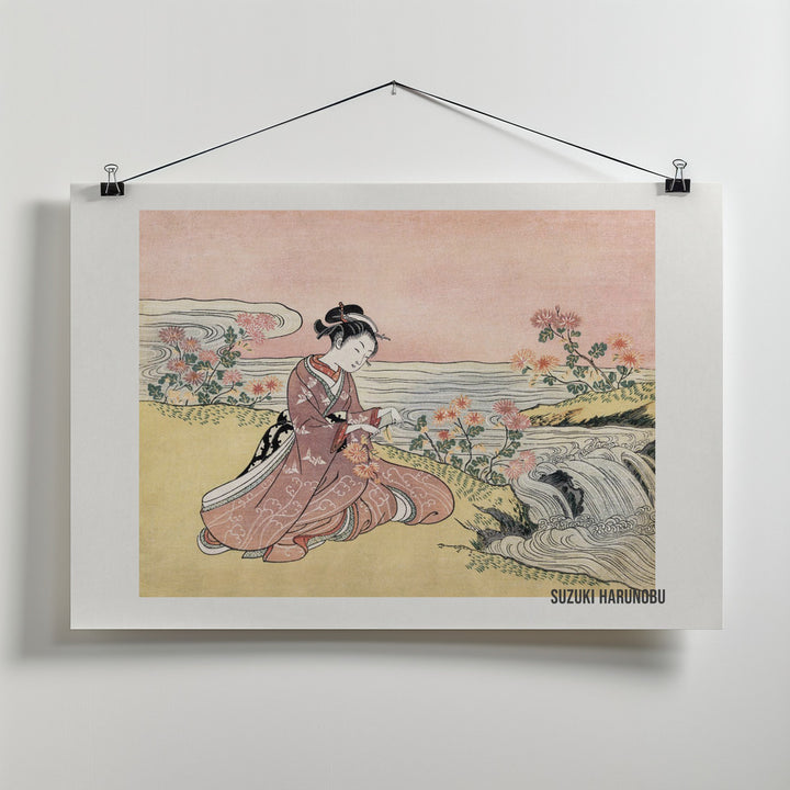 Fine Art Print, Japanese Woman Picking Chrysanthemum (1725 1770) Vintage Woodblock Print