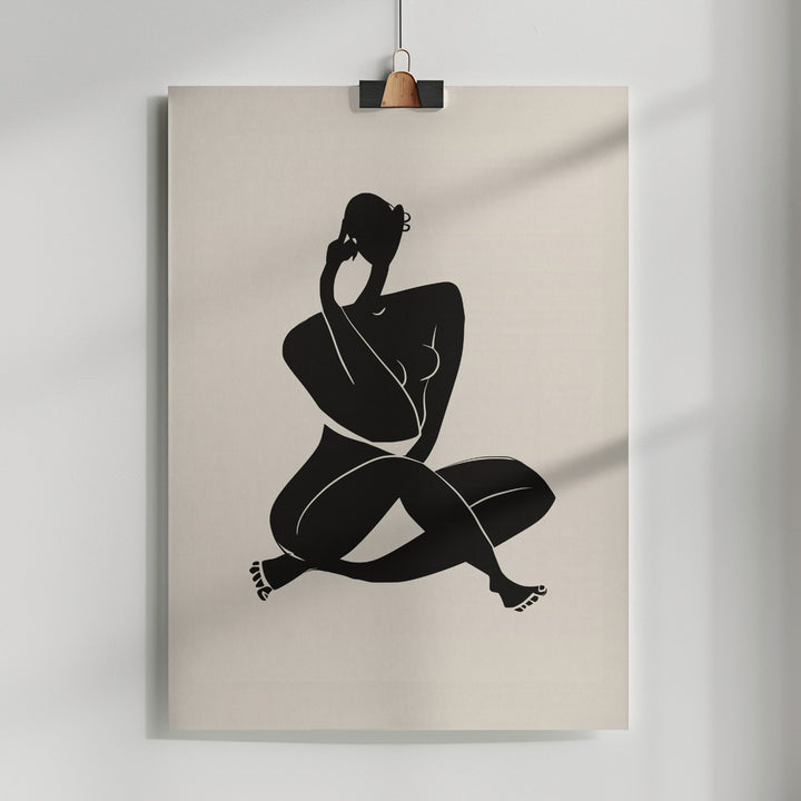 Fine Art Print, Nude Sitting Pose In Black