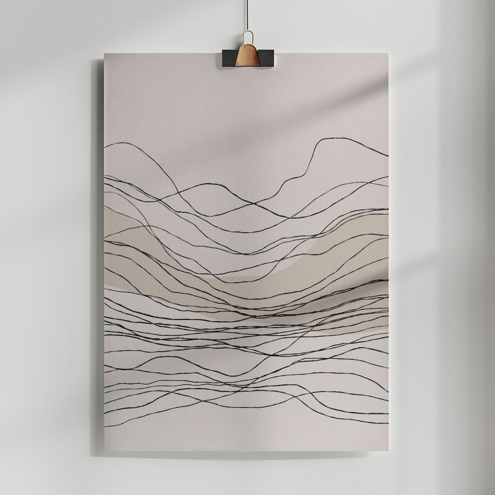 Fine Art Print, Calm serene line art nordic mountain decor