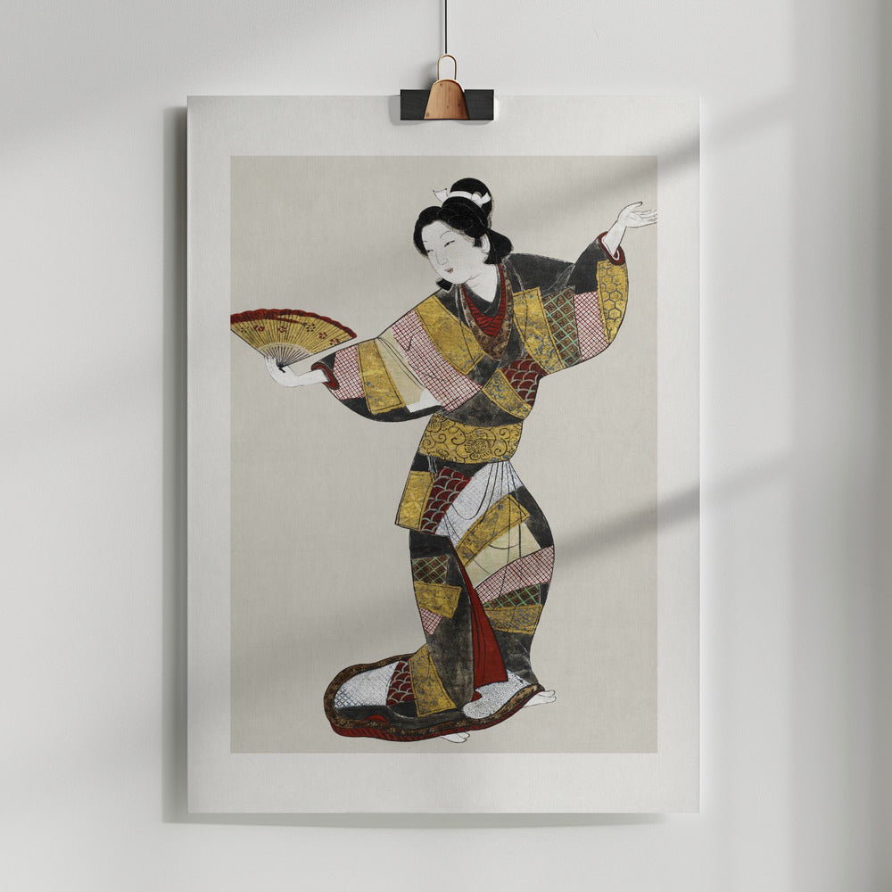 Fine Art Print, Japanese Female Dancer (17th Century) Vintage Painting Boarder