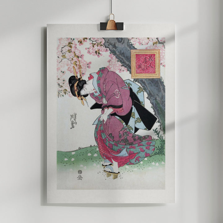 Fine Art Print, Japanese Woman and Cherry Blossom (1828) Vintage Woodblock Prints With Boarder