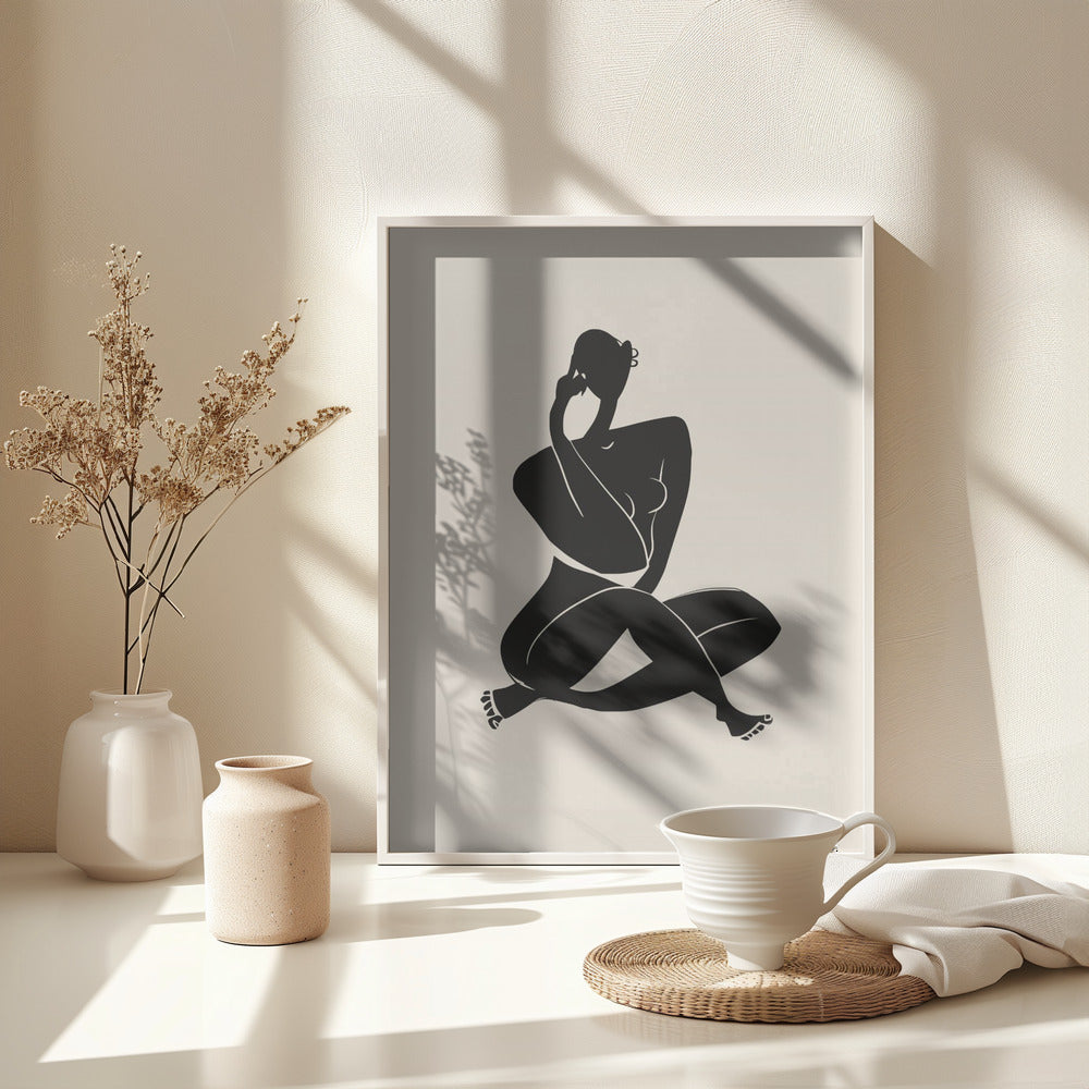 Fine Art Print, Nude Sitting Pose In Black