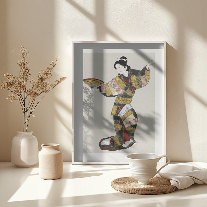 Fine Art Print, Japanese Female Dancer (17th Century) Vintage Painting Boarder