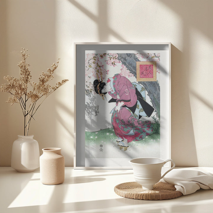 Fine Art Print, Japanese Woman and Cherry Blossom (1828) Vintage Woodblock Prints With Boarder