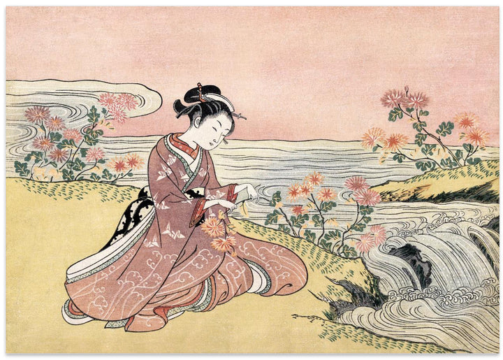 Fine Art Print, Japanese Woman Picking Chrysanthemum (1725 1770) Vintage Woodblock Print