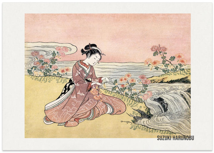 Fine Art Print, Japanese Woman Picking Chrysanthemum (1725 1770) Vintage Woodblock Print