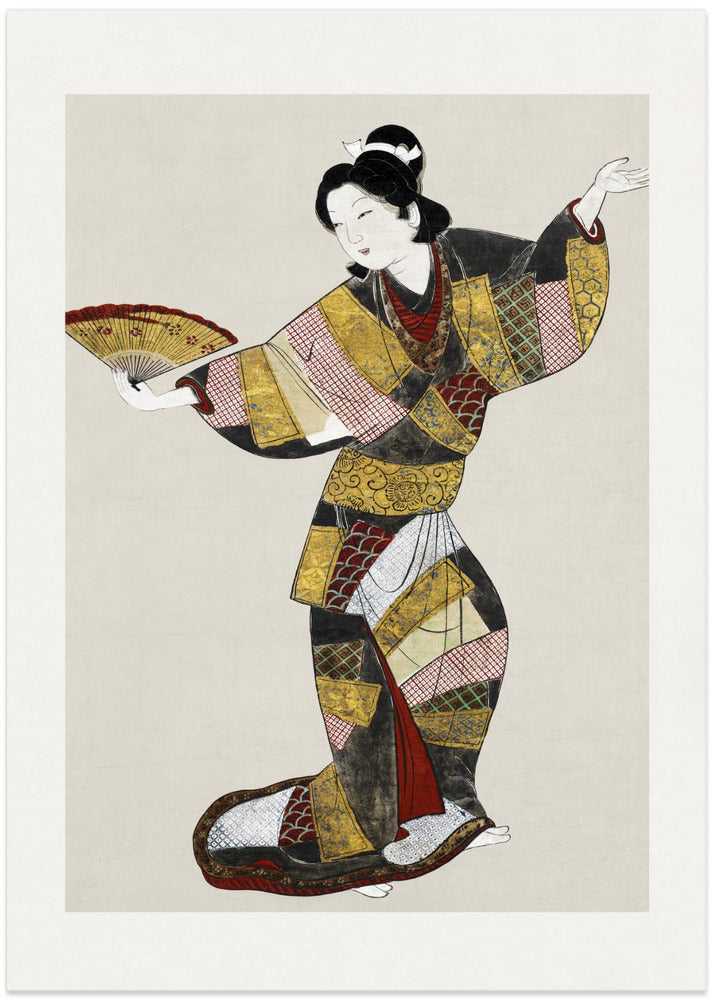 Fine Art Print, Japanese Female Dancer (17th Century) Vintage Painting Boarder